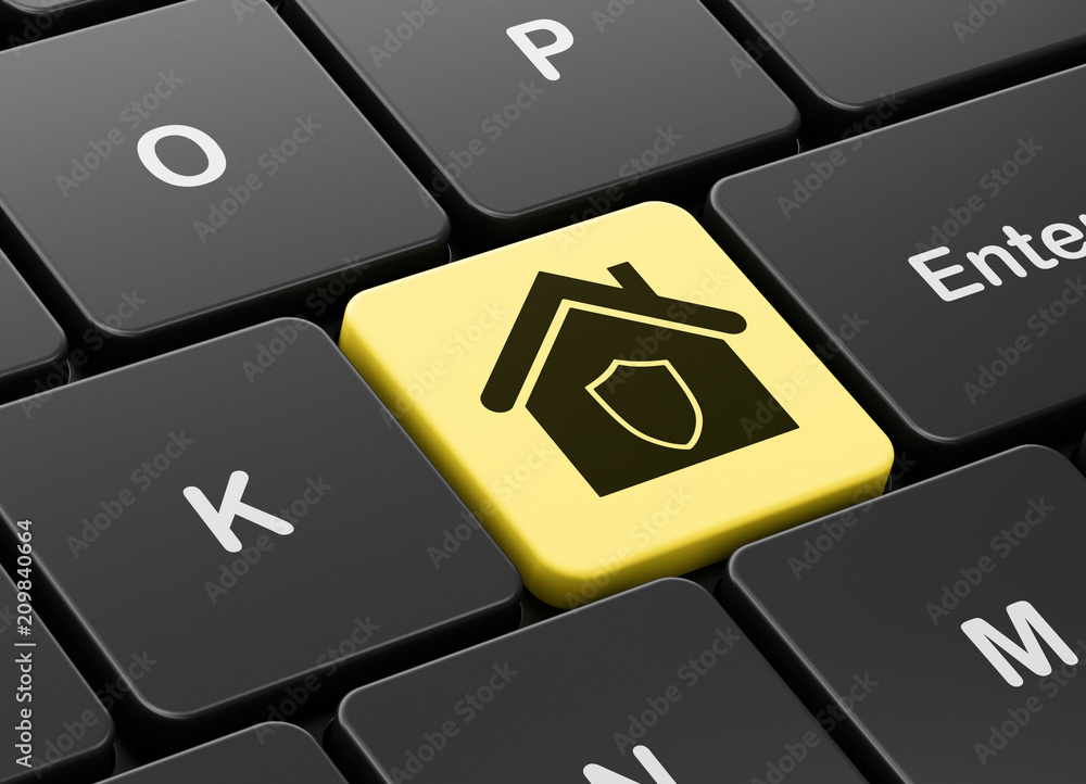 Poster business concept: computer keyboard with home icon on enter button background, 3d rendering