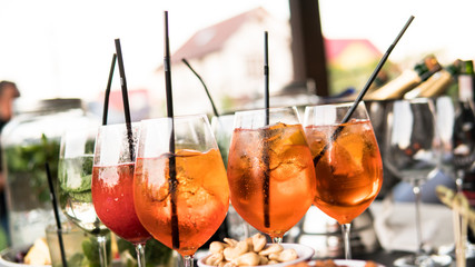 .process of preparation of a cocktail Aperol  spritz close-up. - obrazy, fototapety, plakaty