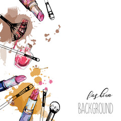 Cosmetics and fashion background with make up artist objects: lipstick, nail polish, brush. With place for your text.