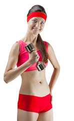 a young beautiful sportwoman wearing red sports clothes standing