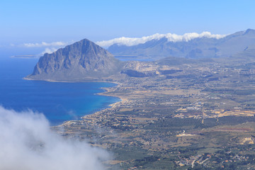 A magnificent panorama of sea coast viewed from observation deck next to medieval Norman castle ( Castello di Venere)  in Erice, 750 m above sea level