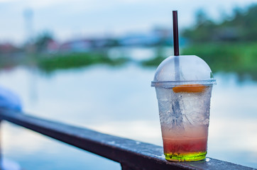 Italian soda cold Blur background river.