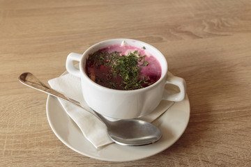 Beetroot creamy soup, served cold, food photography, recipe idea. Top view with copy space.