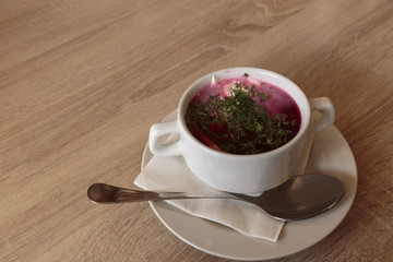 Beetroot creamy soup, served cold, food photography, recipe idea. Top view with copy space.