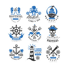 Fototapeta na wymiar Marine logo set, design element for nautical school, club, business identity, print products vector Illustration on a white background