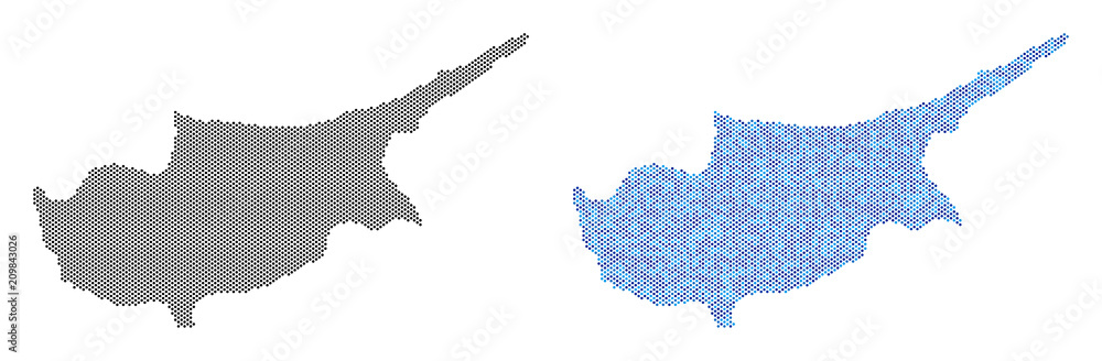 Poster pixelated cyprus island map version. vector territory schemes in black color and cold blue color tin