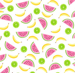 Card with bananas and slices of watermelon on white background. Greeting card, poster, wrapping paper designs.