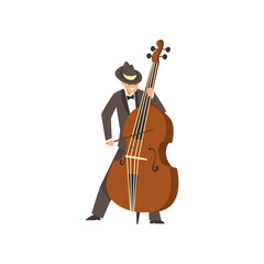 Cellist man playing cello, musicain wearing black elegant suit and hat playing classical music vector Illustration on a white background