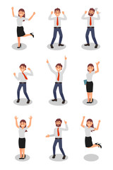 Flat vector set of happy office workers in different actions. Young girls and guys in formal outfit. Young businessmen and businesswomen