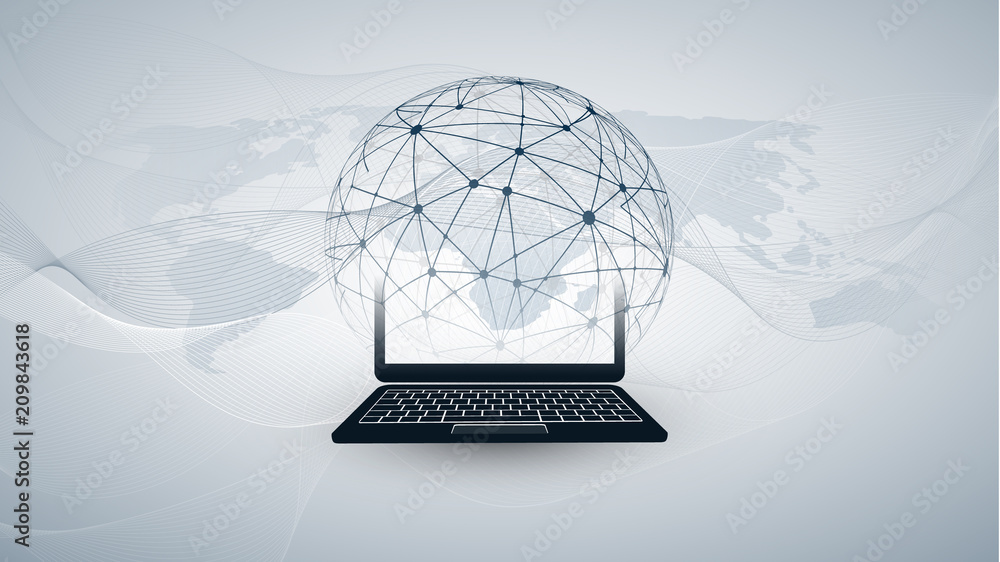 Fototapete Digital Network Connections, Mobile Technology Background - Cloud Computing Design Concept with Transparent Geometric Wireframe