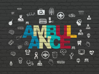 Medicine concept: Painted multicolor text Ambulance on Black Brick wall background with  Hand Drawn Medicine Icons