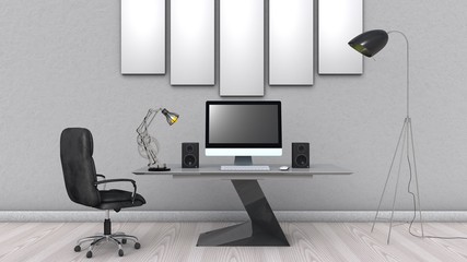 3D illustration of interior design of computer setup
