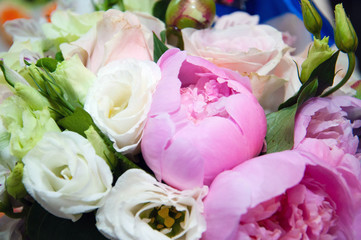 Floral background, bouquet of roses and peonies. Background with space for copy