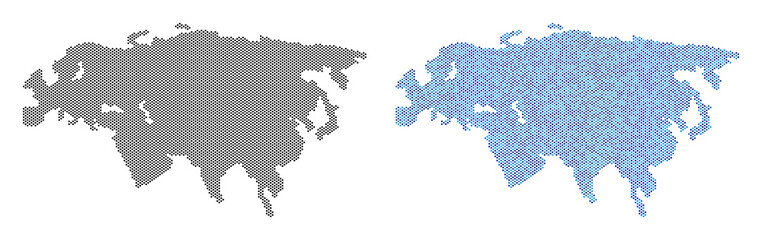 Pixel Eurasia map version. Vector geographic schemes in black color and blue color variations. Abstract concept of Eurasia map constructed from small circle item array.