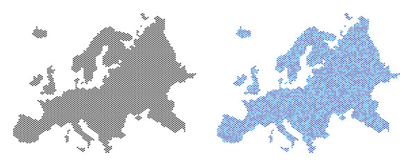 Circle dot Europe map version. Vector territory schemes in black color and blue color tints. Abstract mosaic of Europe map composed with small circle dot pattern.