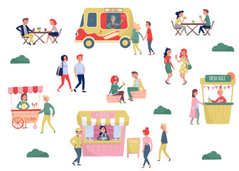 Flat vector set of young people and street fast food. Coffee break and lunch time. Ice-cream cart, hot-dog truck, stall with fresh juice