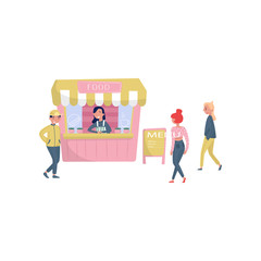Cheerful girl standing behind counter of street stall. People going to buy fast food. Small business. Flat vector design