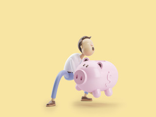 3d illustration. Businessman Jimmy  puts money in a piggy bank.