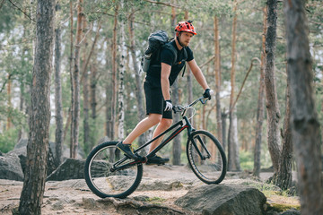Fototapeta na wymiar young male extreme cyclist in protective helmet riding on mountain bicycle in forest