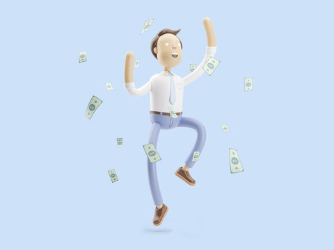 3d illustration. Businessman Jimmy is happy under the money rain