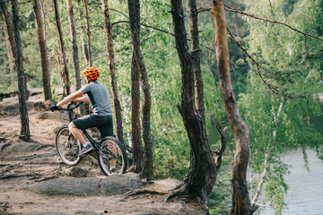 rear view of male cyclist in helmet riding in forest