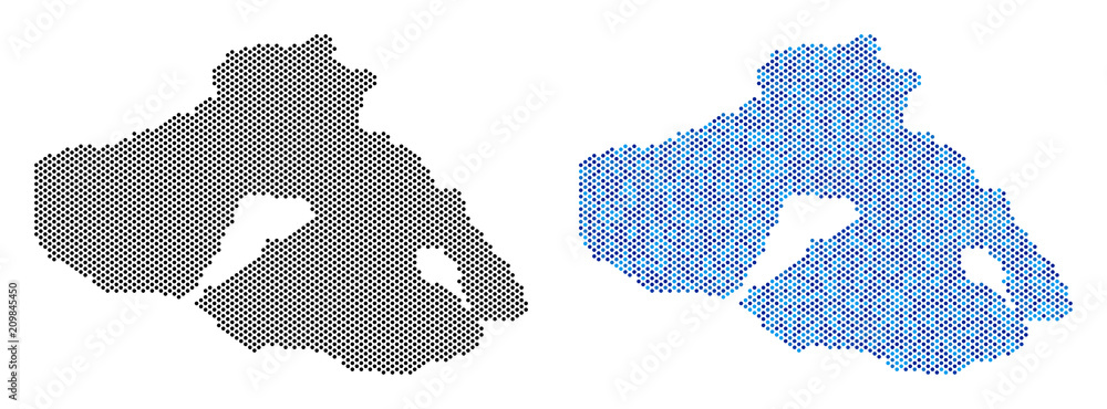 Poster round point greek lesbos island map variants. vector geographic plans in black color and cold blue c