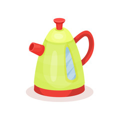 Bright green kettle with red spout and handle. Kitchen utensil. Flat vector element for promo poster or flyer of electronics store