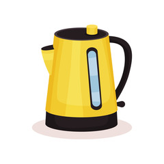 Bright yellow electric kettle. Vessel used for boiling liquids. Flat vector element for promo poster or banner of home goods store