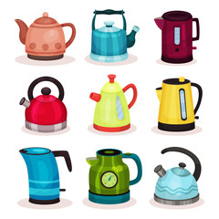 Flat vector set of tea kettles. Kitchen utensils. Home appliance for boiling water. Elements for advertising of household goods store