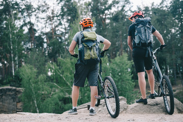 rear view of male extreme cyclists in protective helmets standing with mountain bicycles in forest