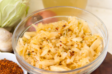 handmade preparation of sauerkraut and cabbage kimchi