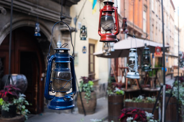 retro lantern in old european city. Vintage style photo