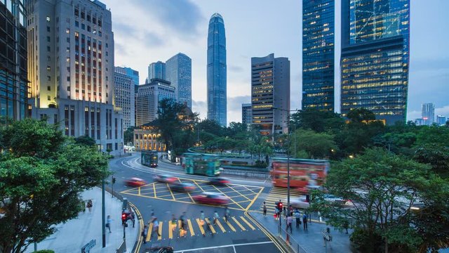 Traffic and people in Central, Hong Kong Island, Hong Kong, China - time lapse