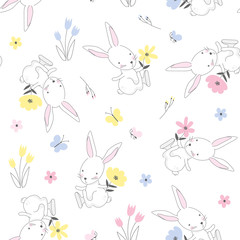 Seamless childish pattern with cute rabbits