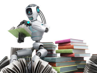 Fototapeta premium modern concept of piece intelligence robot is reading books sitting on a pile of books3d render on white