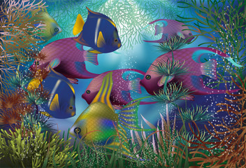 Panele Szklane  Podwodne tło z tropikalną rybą, ilustracji wektorowych