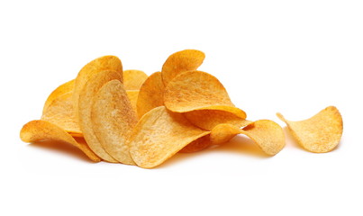 Barbecue flavored potato chips isolated on white background