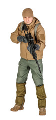 young soldier or sniper holding rifle.  hunting, war, army, technology and people concept