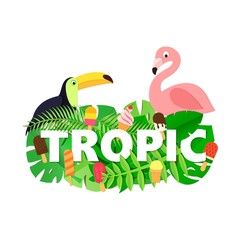 Word TROPIC composition with jungle leaves ice cream toucan flamingo on white background in paper cut style. White letters for design poster, banner, flyer T-shirt printing. Vector card illustration.
