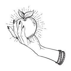 Apple in female hand isolated hand drawn line art and dot work vector illustration. Boho sticker, print or blackwork flash tattoo design.
