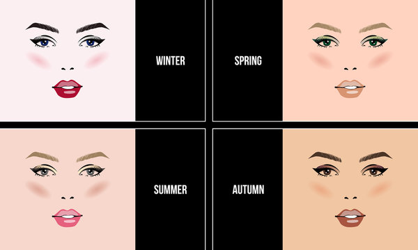 Face makeup set. Seasonal color types for women skin beauty set: Summer, Autumn, Winter, Spring. Young female faces, make up shades matching each type. Vector illustration.