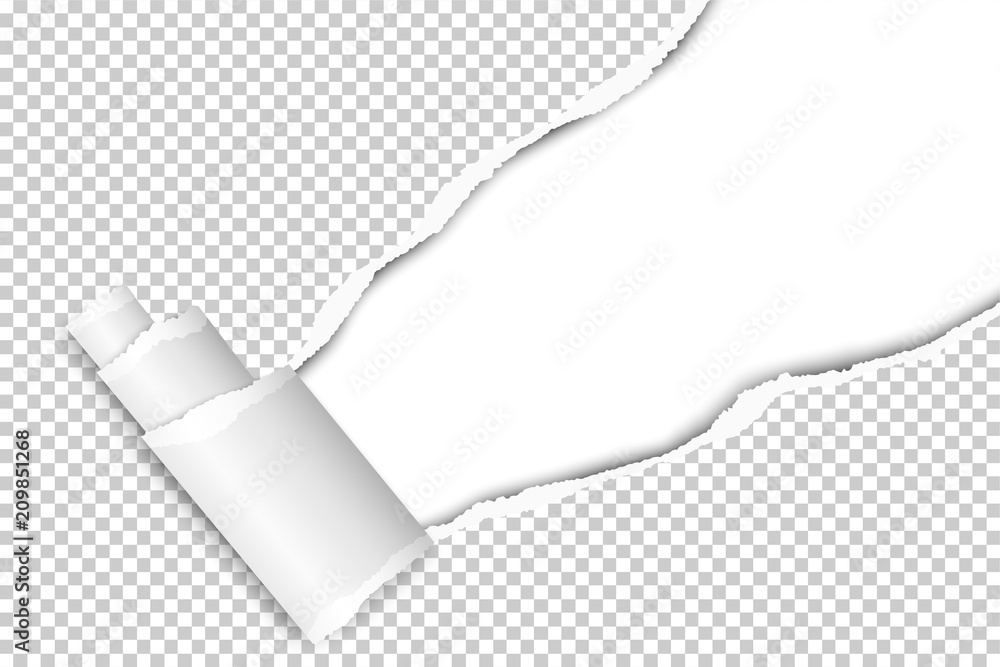 Poster diagonally snatched middle of transparent paper from upper right corner to lower left with paper cur