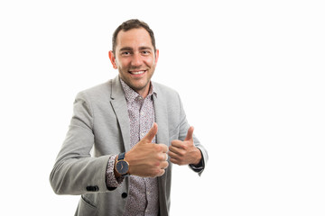 Portrait of business man showing double thumbs up sign