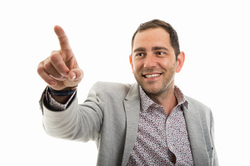 Portrait of business man pushing button