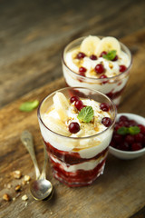Homemade berry and banana trifle dessert