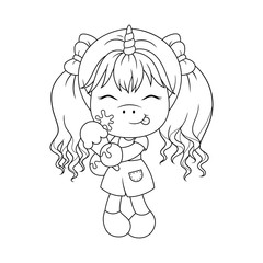 Cute baby unicorn holding ice cream, coloring page for girls. Vector.
