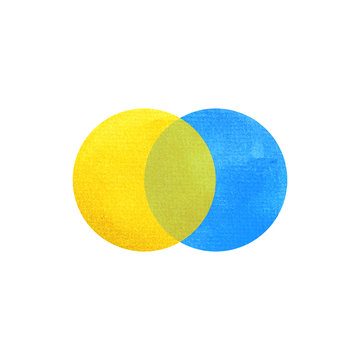 2 primary colors, blue yellow watercolor painting circle round on white paper texture background