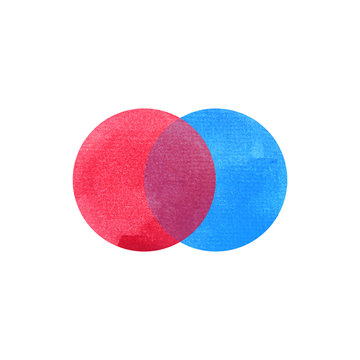 2 primary colors, blue red watercolor painting circle round on white paper texture background