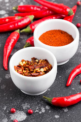 Whole chili pepper, flakes, powder, spicy seasoning for dishes