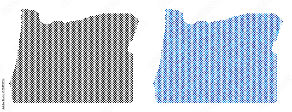 Poster Round point Oregon State map version. Vector territory schemes in black color and blue color hues. Abstract mosaic of Oregon State map constructed from spheric dot matrix.